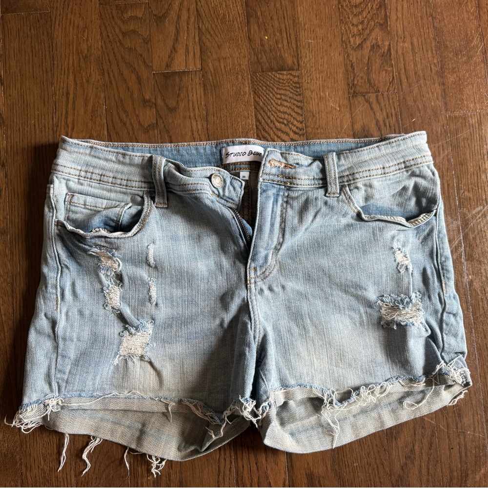 Distressed Blue Jean Shorts with Raw Edges